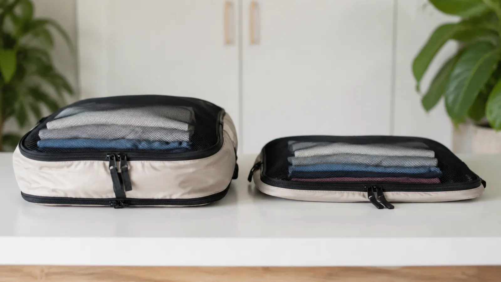 Side-by-side comparison showing a regular packing cube bulging next to a flat compression cube containing the same number of shirts