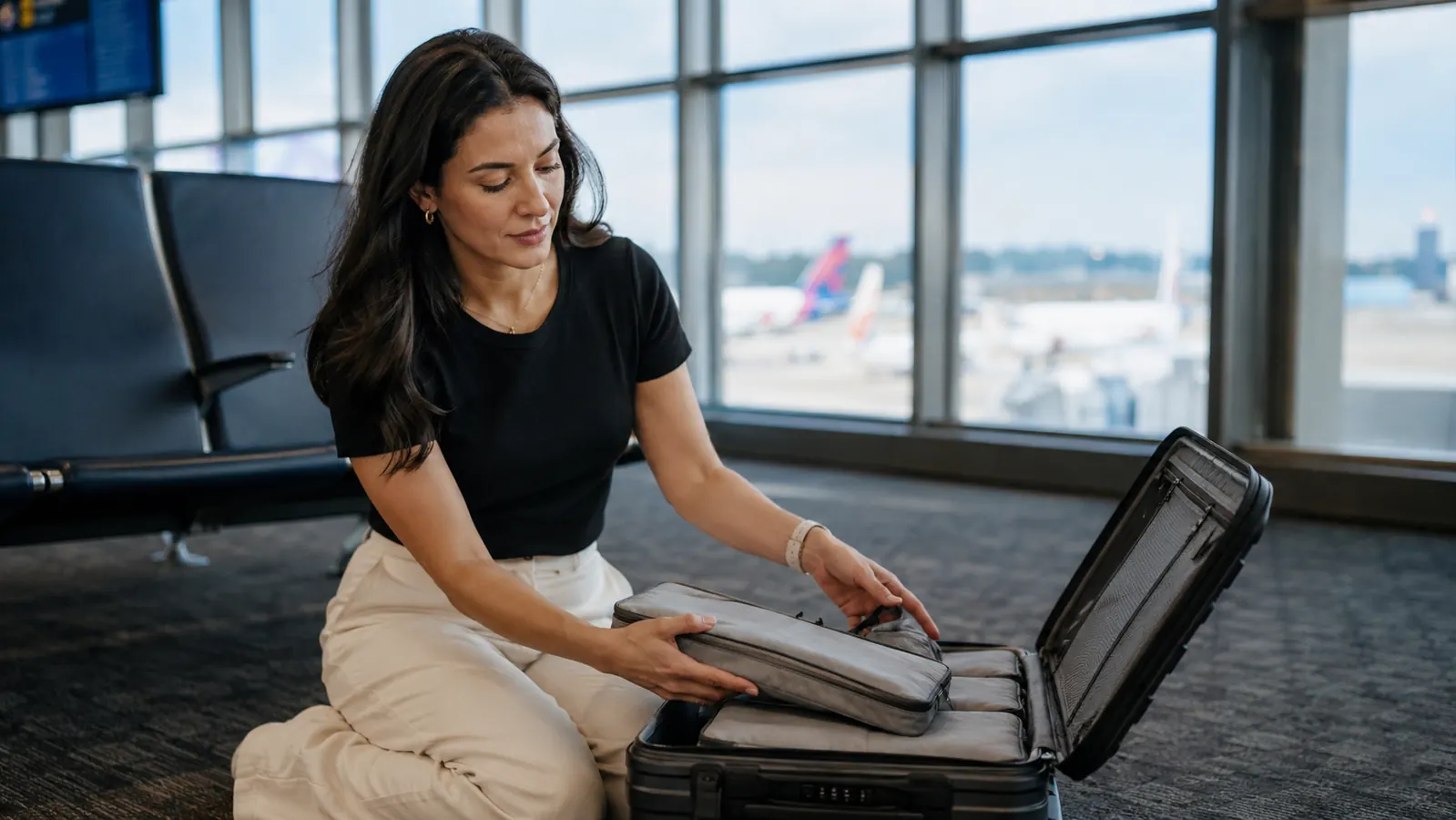 Traveler pulling a slim compression cube out of a packed carry-on at an airport gate, bag clearly organized