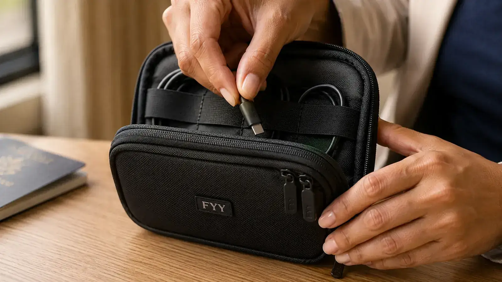 Hand placing a USB-C cable into the elastic loop pocket of an FYY travel cable organizer pouch