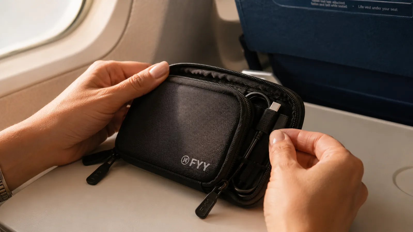 Hands unzipping the FYY cable organizer and pulling out a USB-C charging cable during a flight
