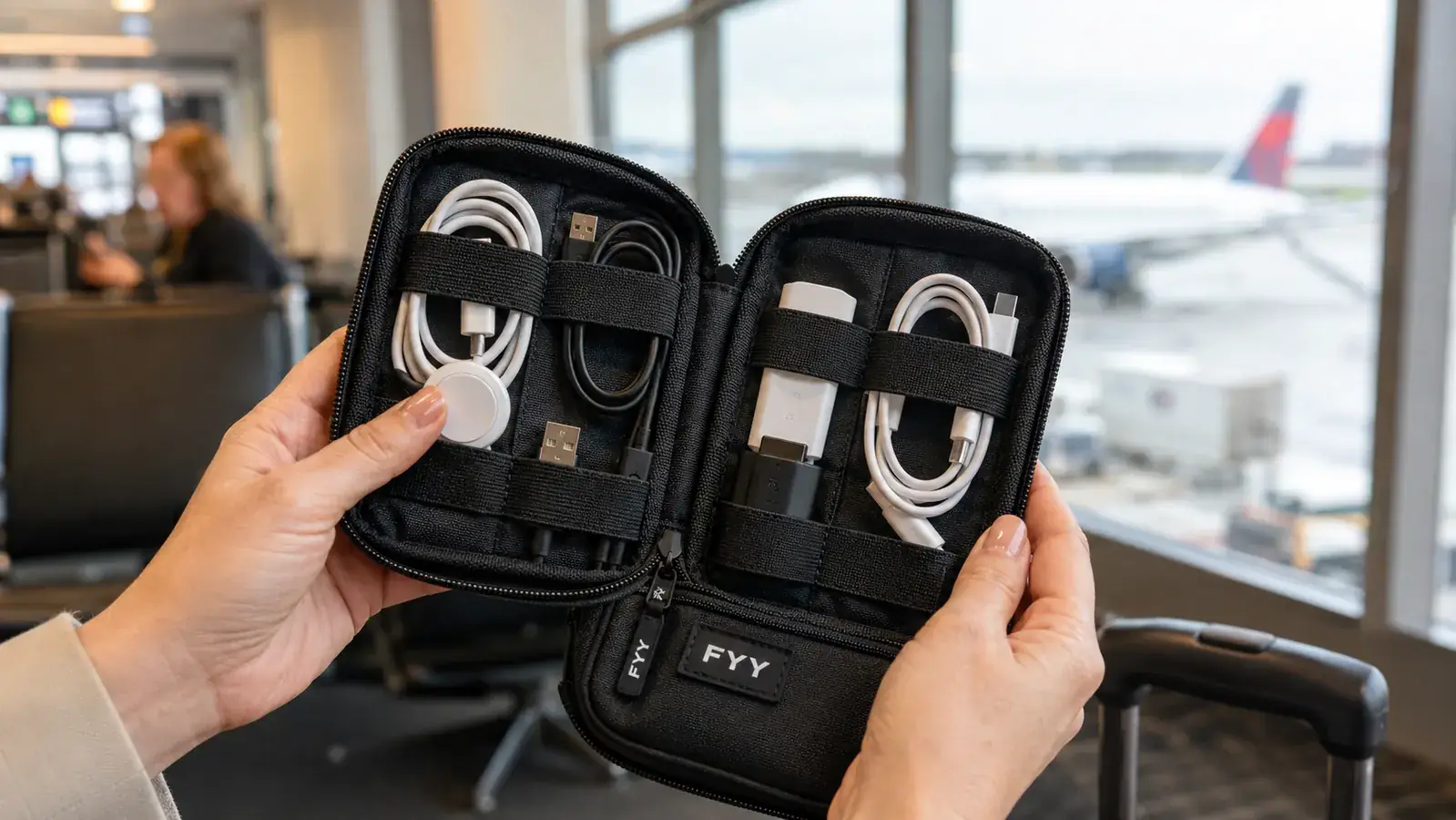 Hands holding a small zippered cable organizer pouch open to show neatly arranged charging cables, earbuds, and a portable charger