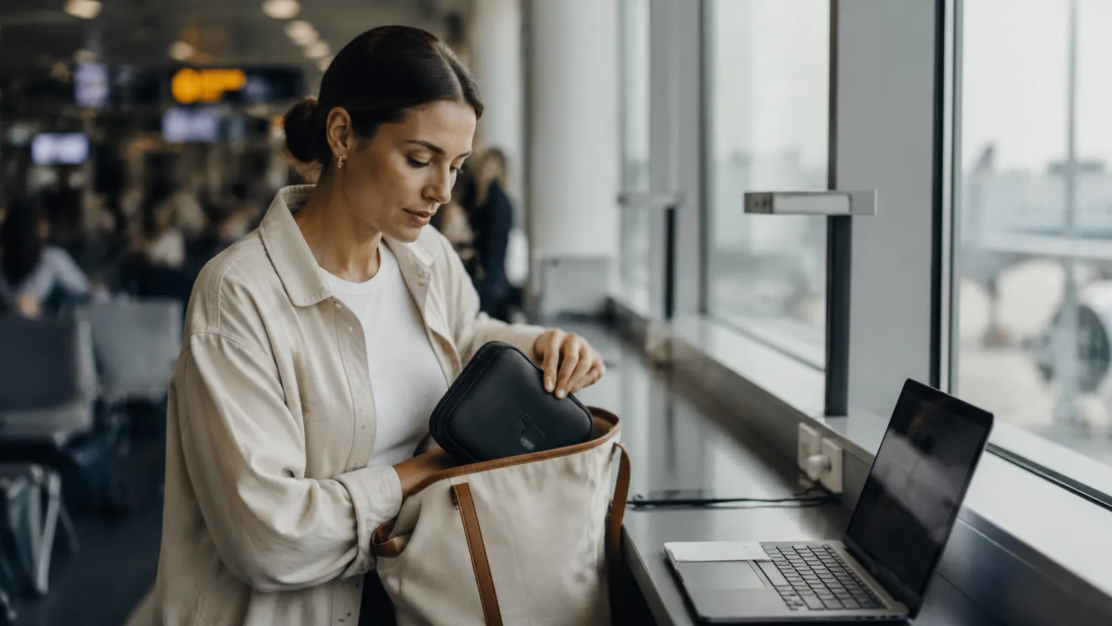 Airport lounge scene with a traveler confidently pulling a cable organizer from a bag at a charging station