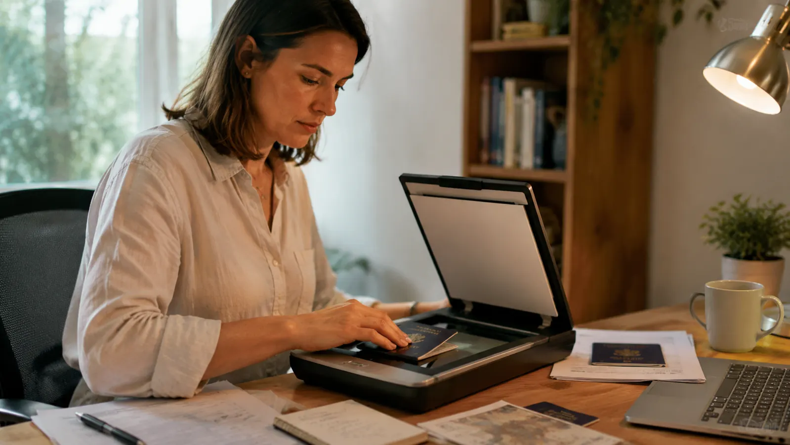 Woman at a travel desk scanning photocopies of her passport before a trip