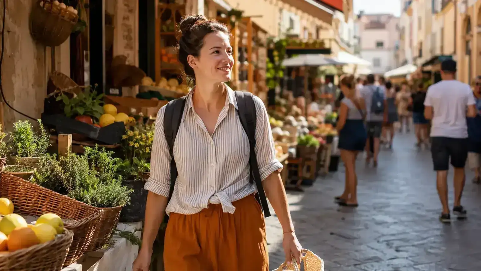Woman using an expanded packable daypack as a day bag while walking through a European market street