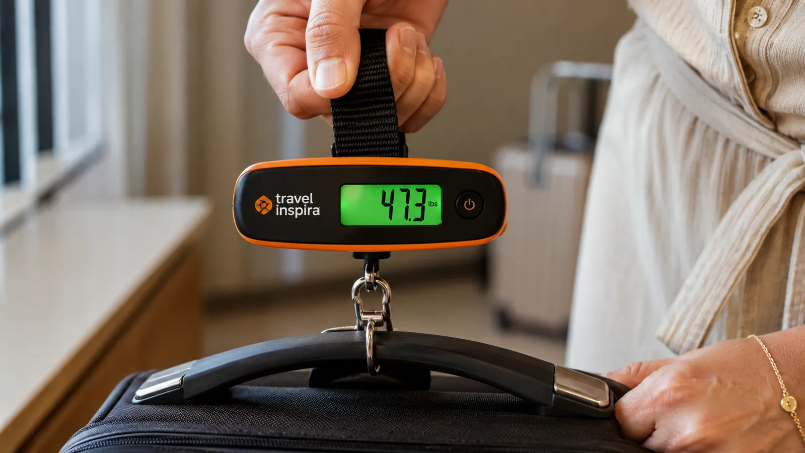 Hand holding the travel inspira luggage scale clipped to a suitcase handle, digital display showing 47.3 lbs