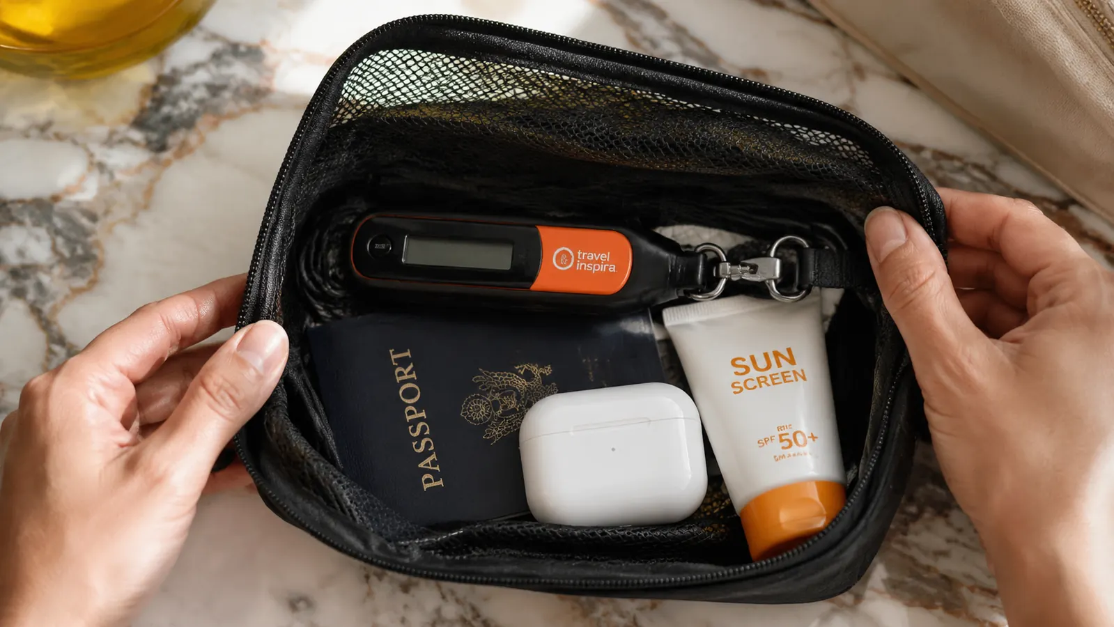 Compact luggage scale tucked inside a small toiletry pouch alongside a passport holder, showing how small it packs