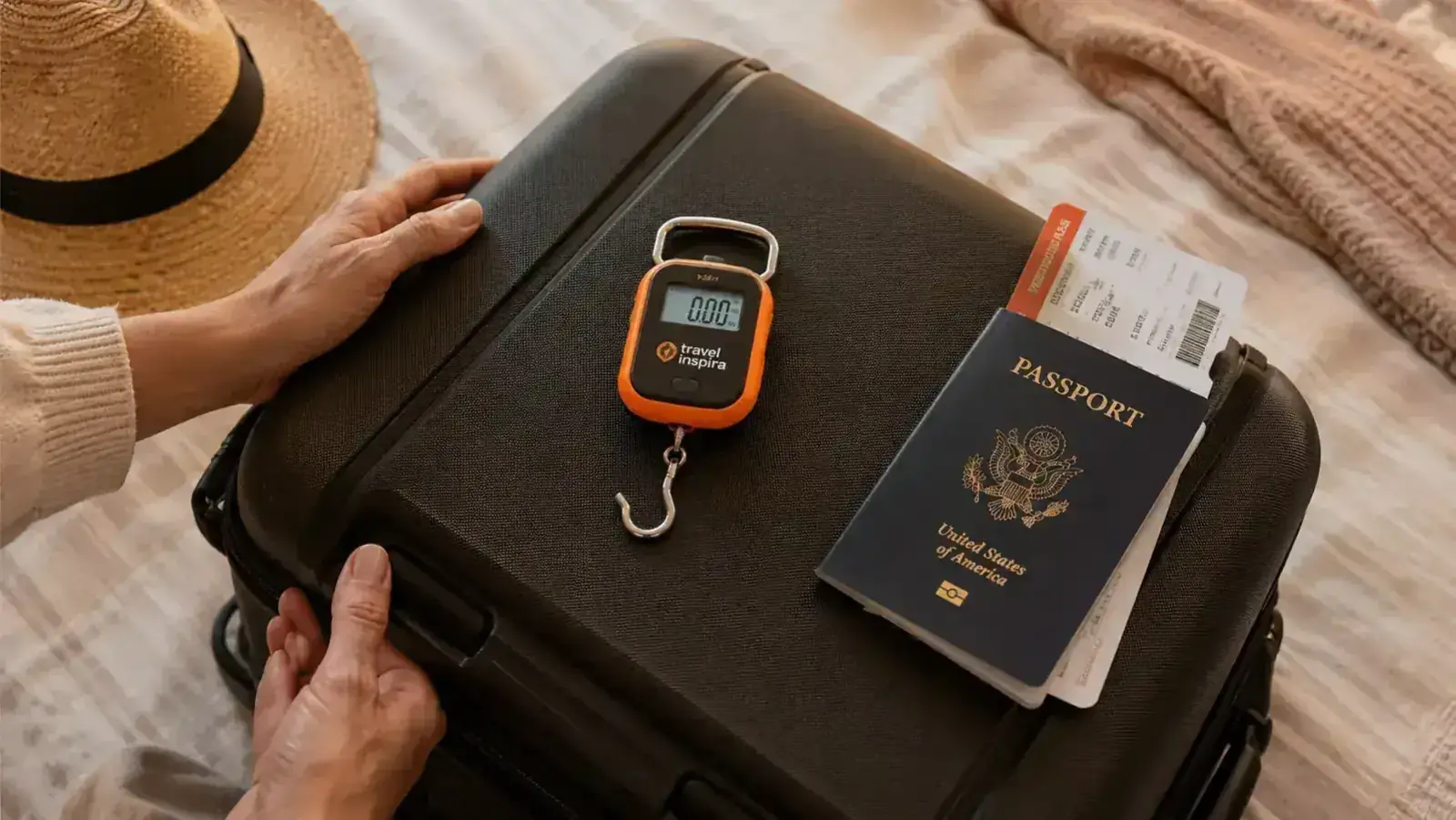 Compact digital luggage scale sitting on top of a packed suitcase ready to travel