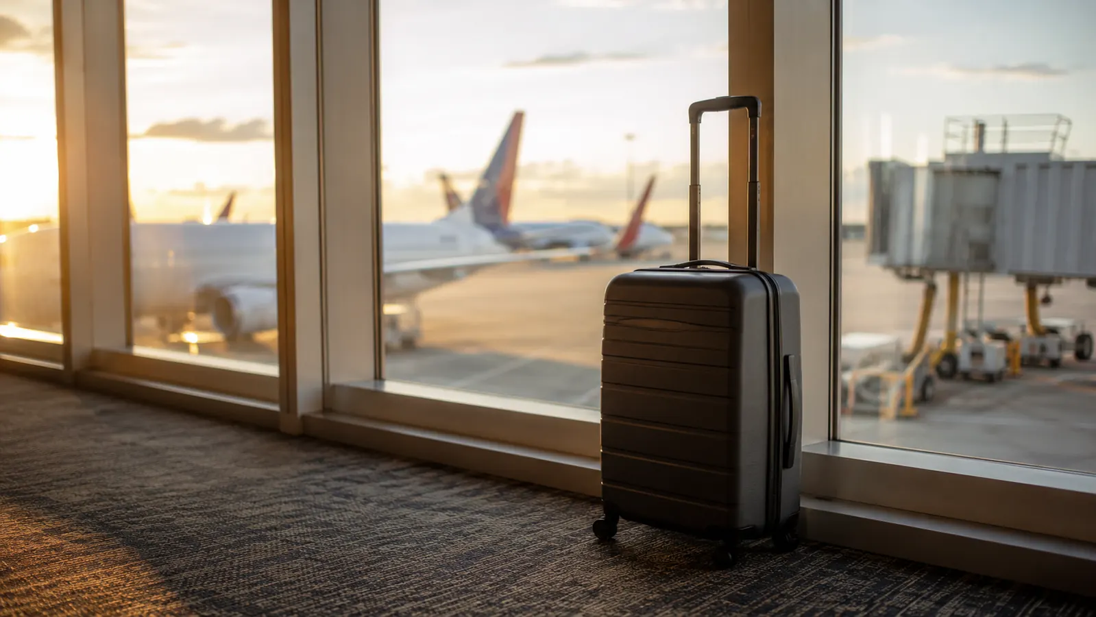 Fully packed carry-on suitcase closed and standing at an airport departure gate