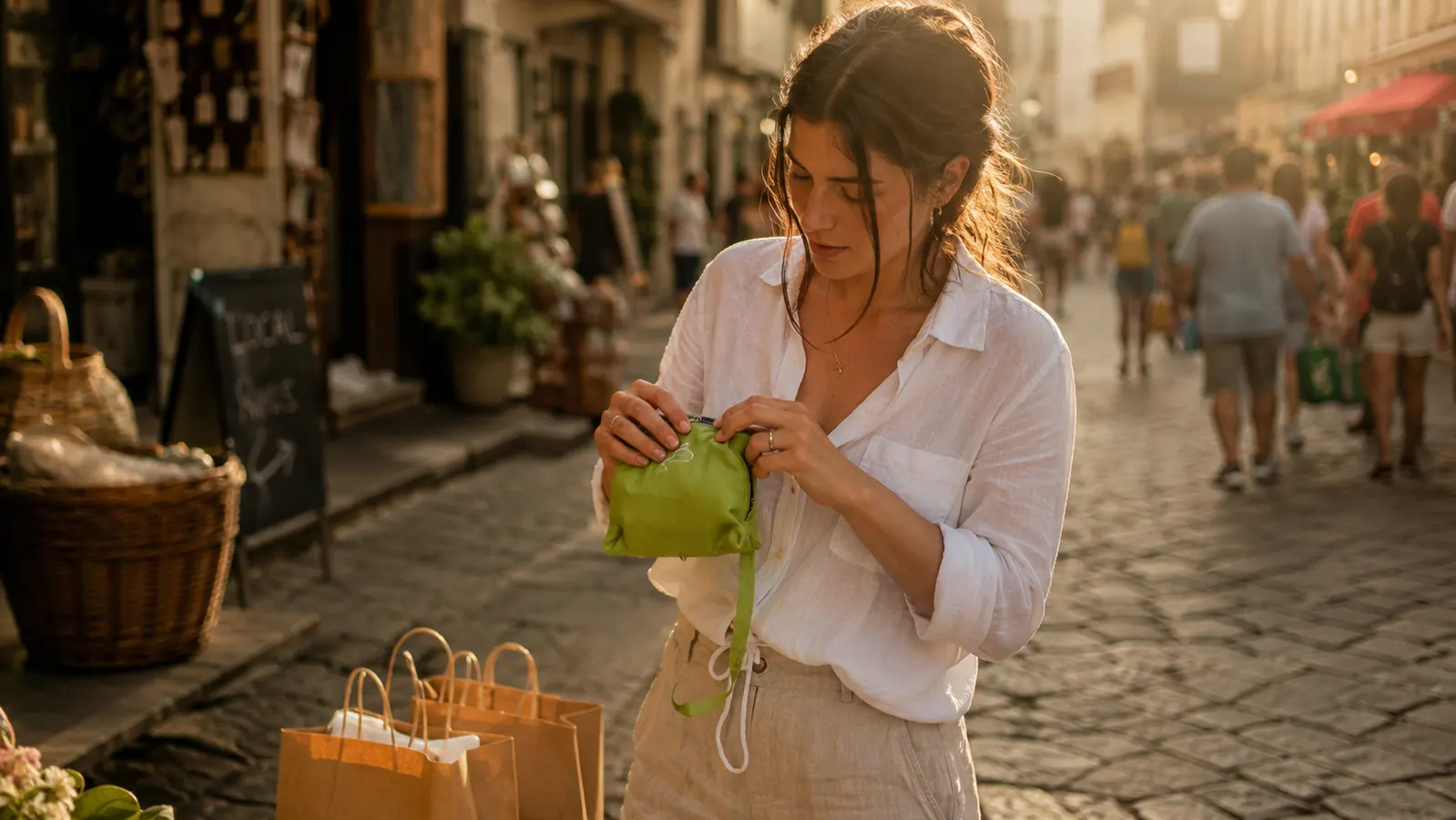 A traveler folding a daypack back into its own small pocket at the end of a market day