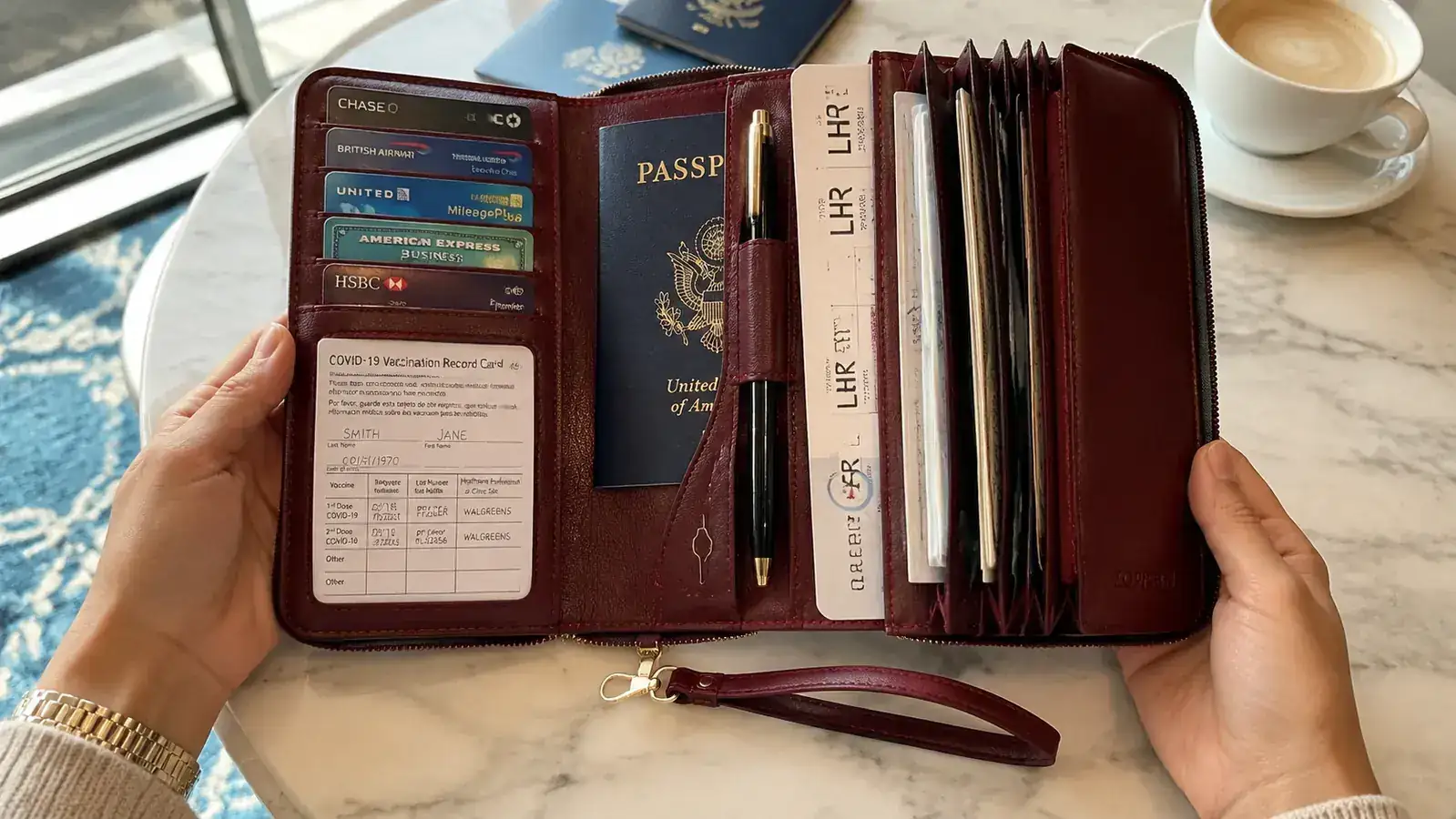 Open travel wallet flat on table showing all pockets including vaccine card slot, SIM card holder, and pen loop