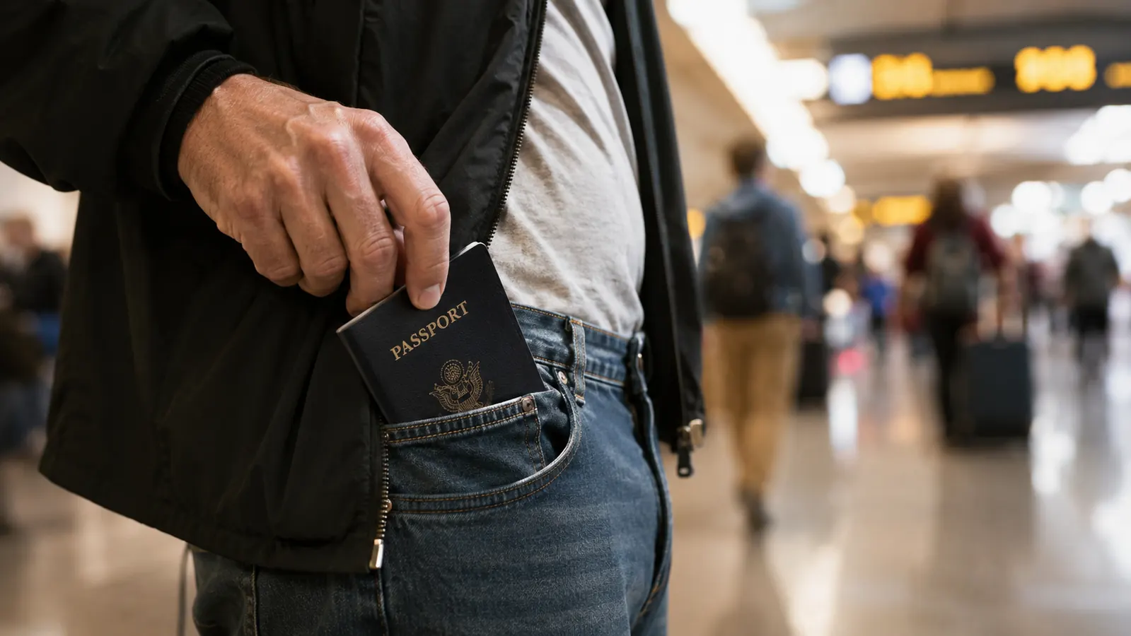 Traveler tucking a passport wallet into a front jeans pocket at a busy airport